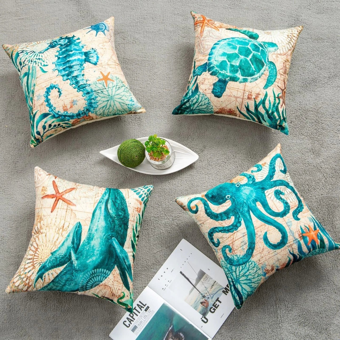 Stylish throw pillow covers featuring vibrant sea creature designs for home decor