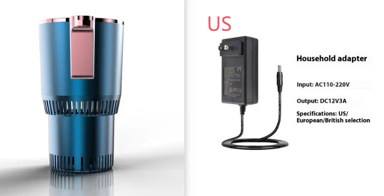 Black 2-in-1 car cup heater and cooler with digital display inserted in a vehicle cup holder.