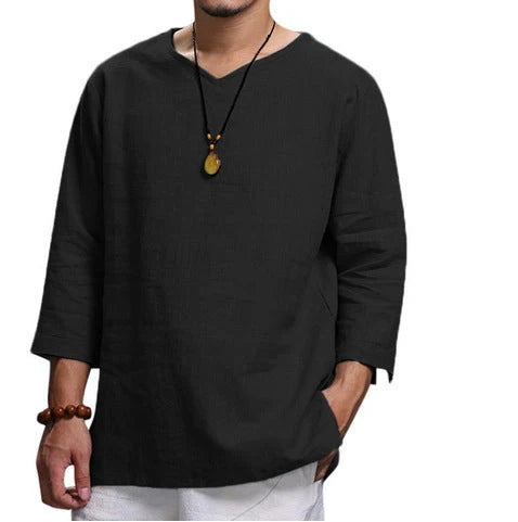 Men's loose V-neck top in hemp blend fabric, available in multiple colours