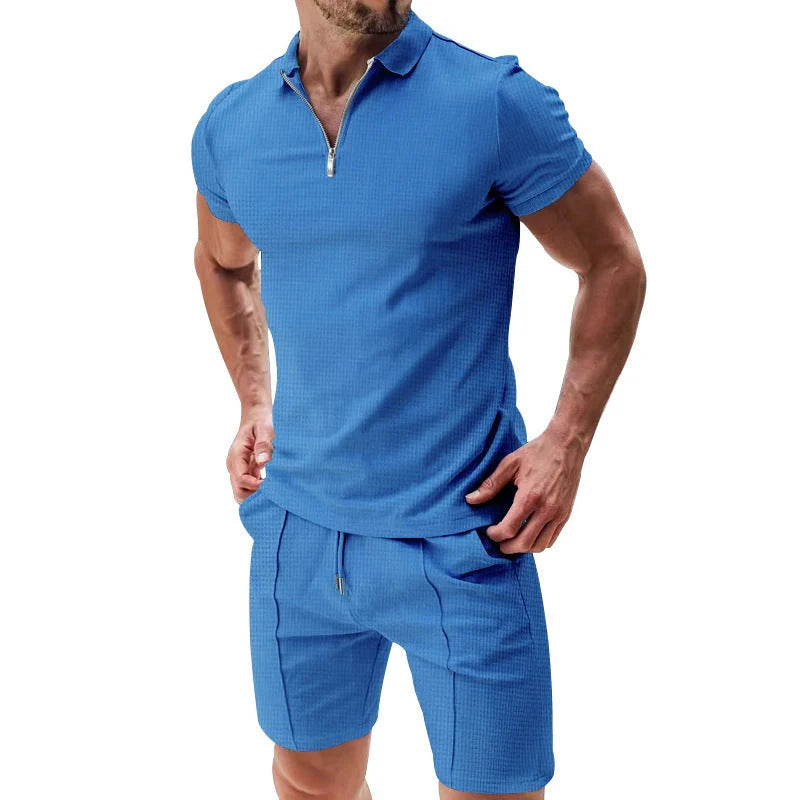 Men's summer waffle suit set with zipper lapel top and drawstring shorts in various colours