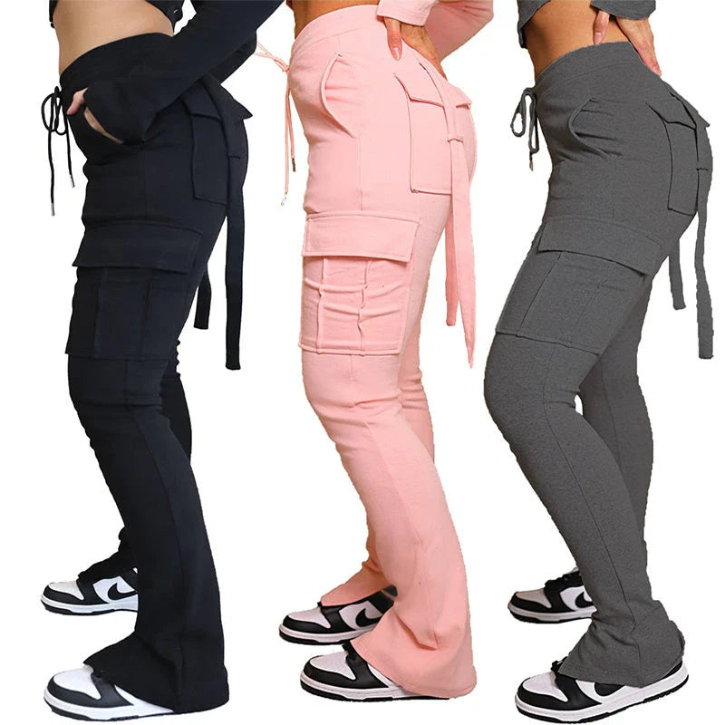 Comfortable cargo pants with pockets, high-waisted design, and drawstring waist for women