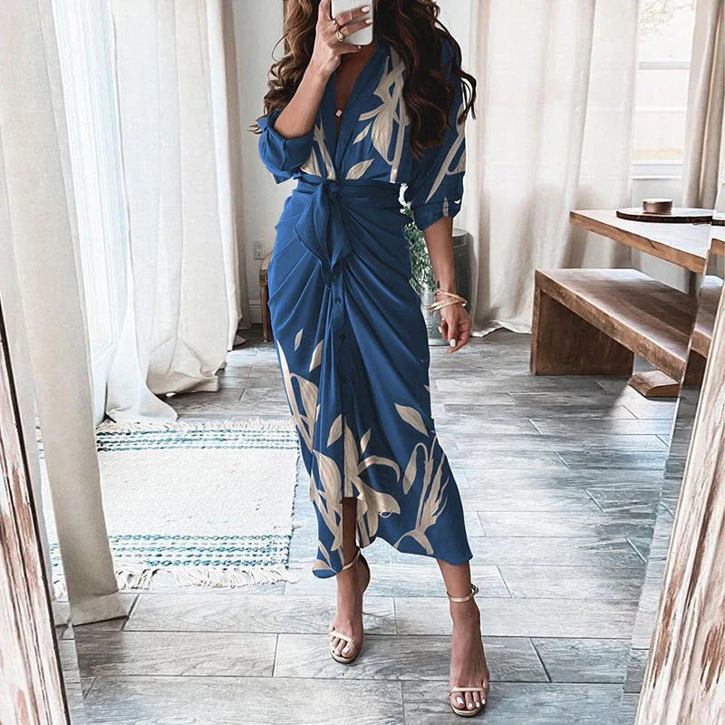 Elegant and chic floral print long-sleeved lace-up maxi dress with deep v-neck and empire waist