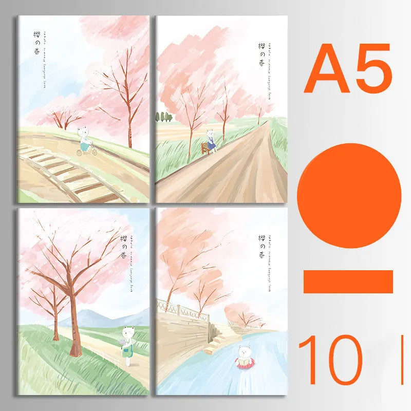 Set of 10 thread-bound A5 notebooks with kraft paper covers showing bear and sakura designs