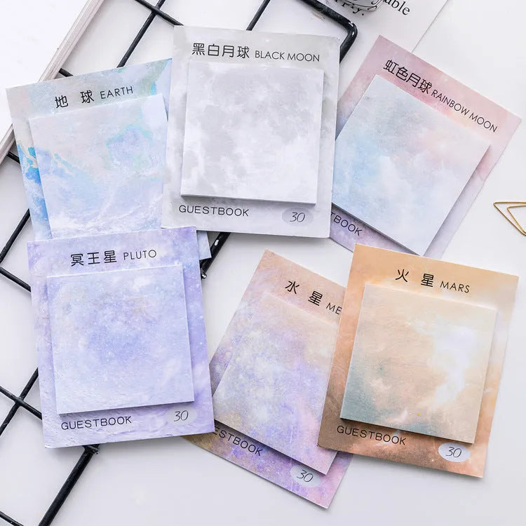 Square 7.3cm planet sticky notes notepad with oil painting designs of Earth, Mars, and Mercury