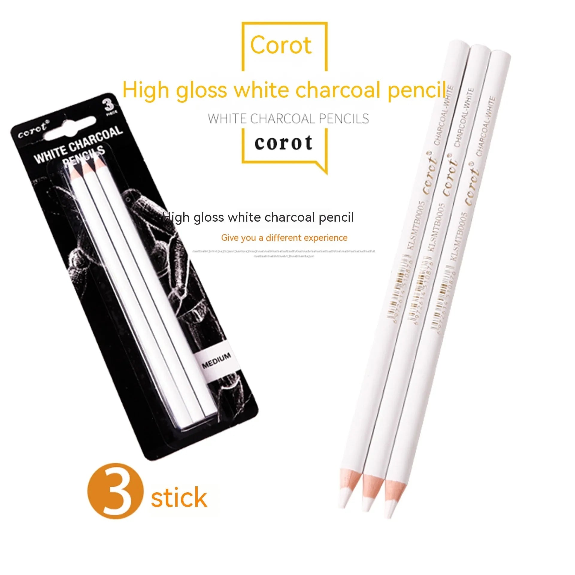 Three white charcoal highlighting pencils with wooden casings for sketching on dark paper