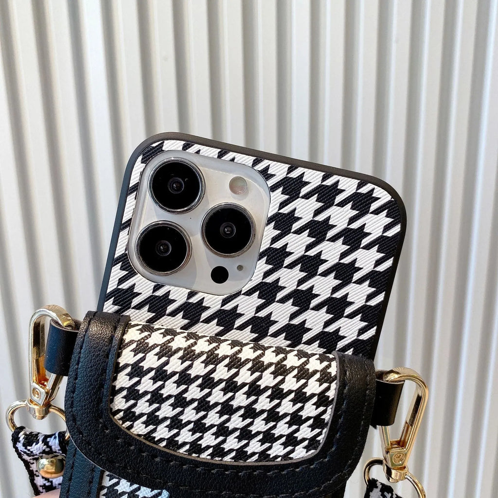 Houndstooth leather-look card case lanyard phone cover for iPhone with TPU+PC back shell