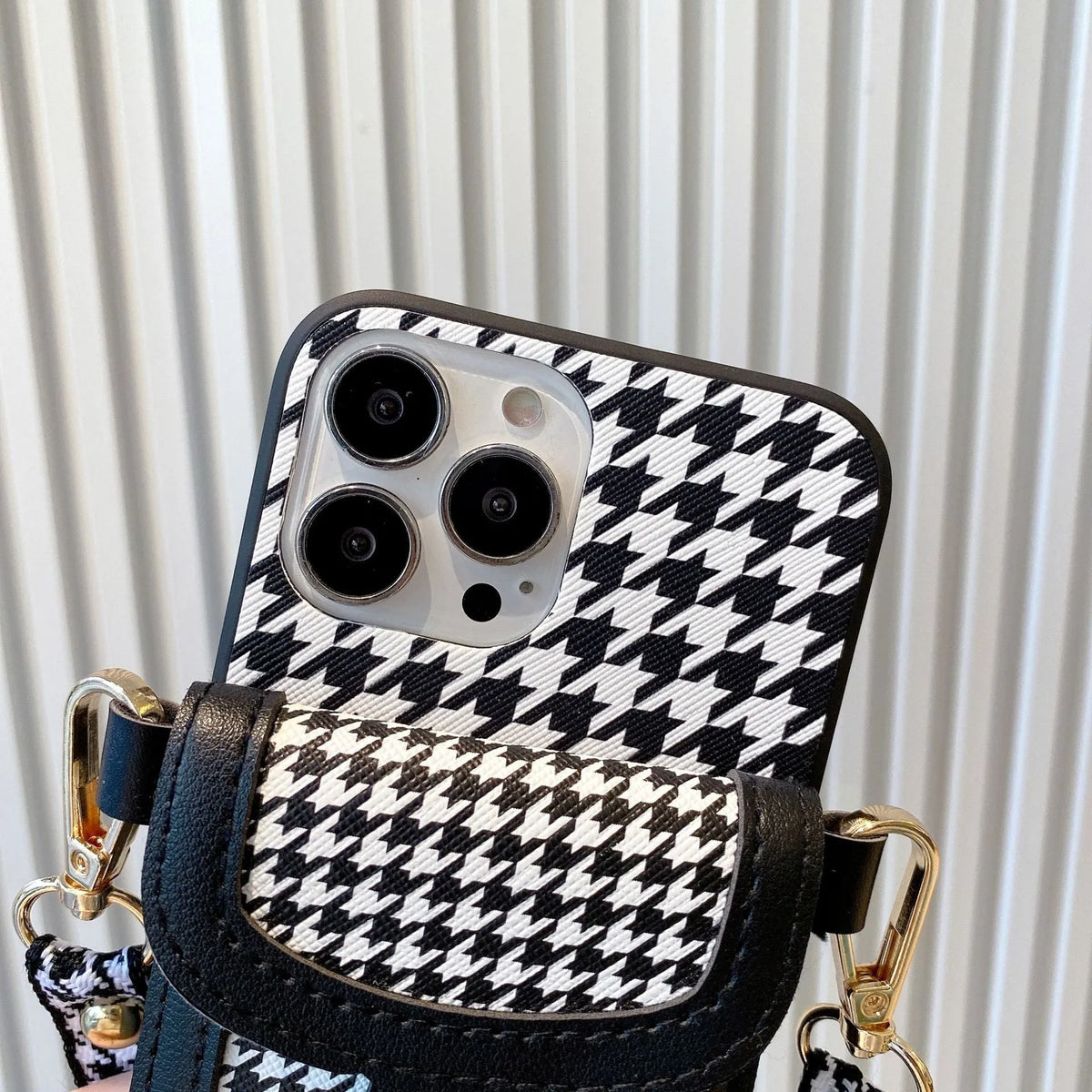 Houndstooth leather-look card case lanyard phone cover for iPhone with TPU+PC back shell
