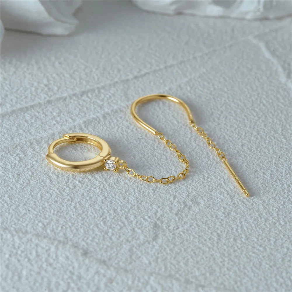 S925 sterling silver geometric earrings with flower, tassel and chain design in gold tone finish
