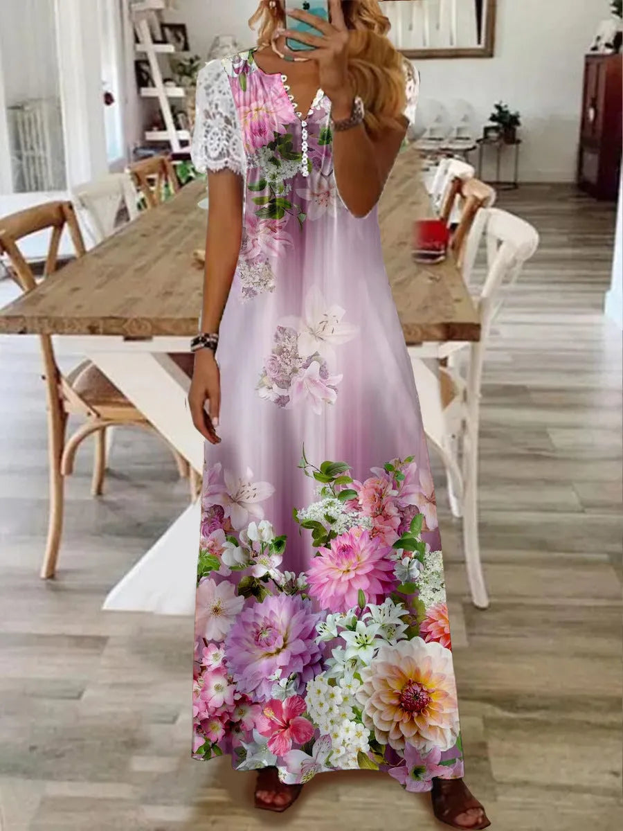 Printed lace sleeve short sleeve dress in polyester, long skirt, available in multiple colours and sizes S to XXL