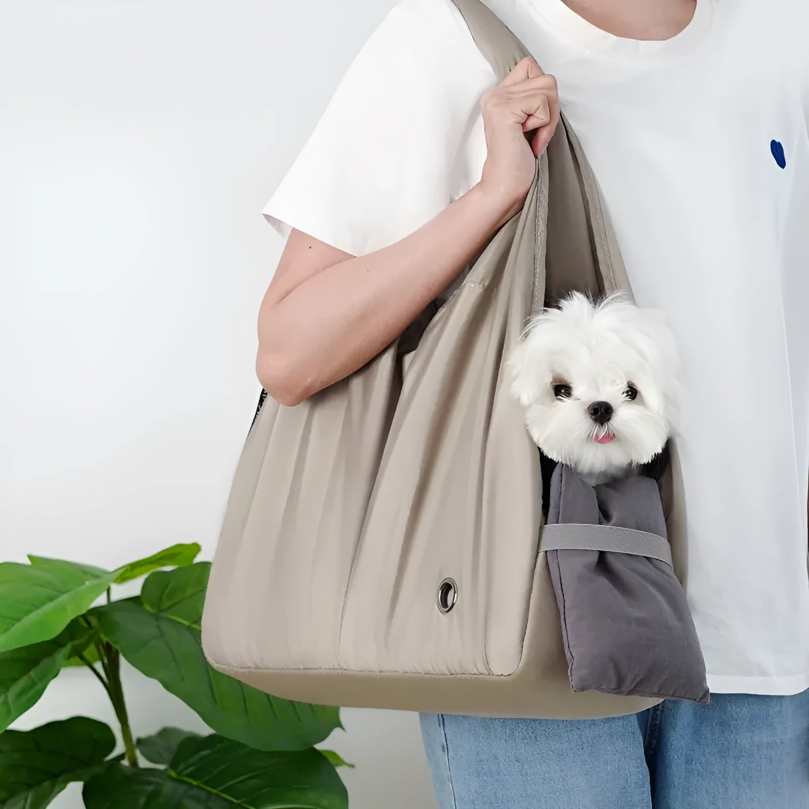 Apricot-coloured cloth pet carrier handbag showing medium dimensions of 41cm width