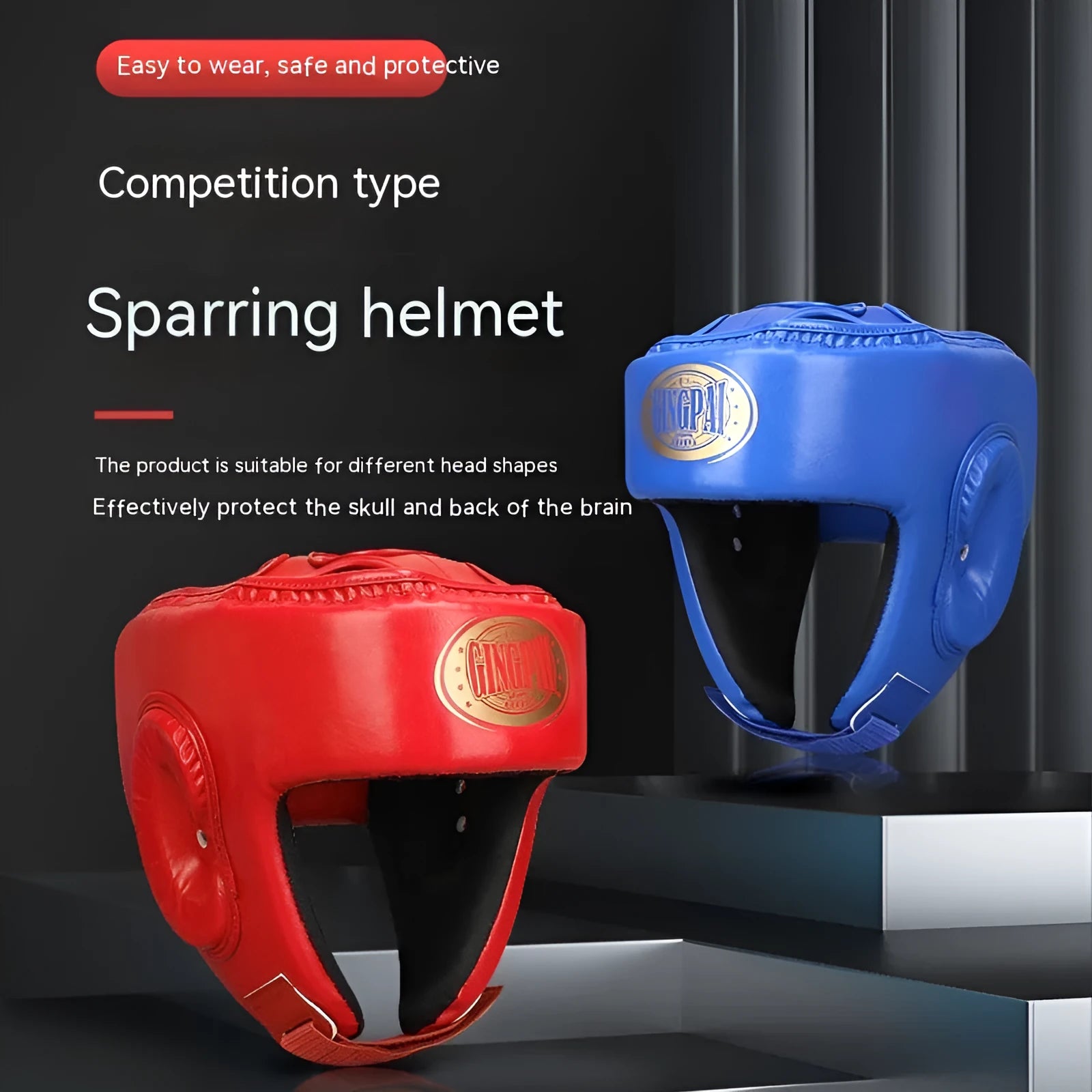 Fully enclosed red boxing helmet with jaw protection on a grey background.