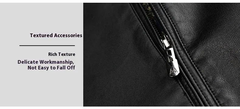Thin fleece-lined genuine leather jacket for dad in black colour block design loose fit