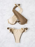 Women's two-color hanging neck bikini swimsuit with cross slim back in picture colour on model