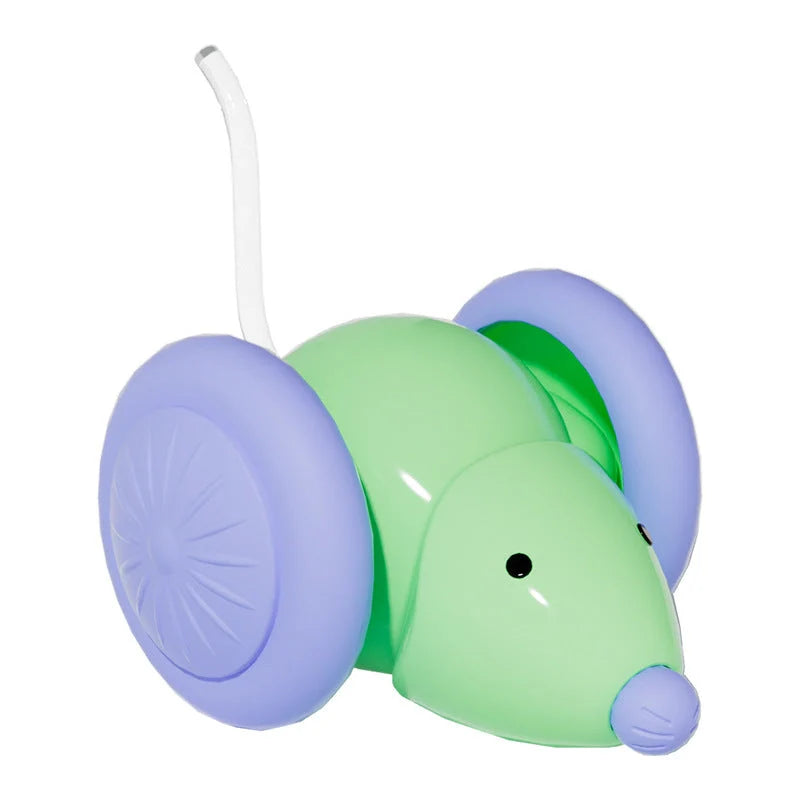 Interactive electric mouse car cat toy in green and white with intelligent obstacle avoidance