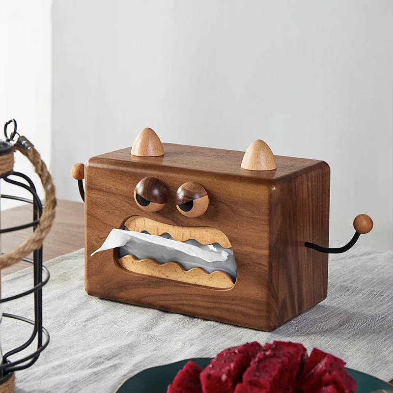 Cartoon Little Monster wooden tissue box in Walnut Beech colour measuring 190mm