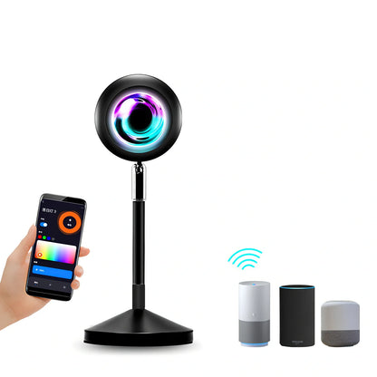 Adjustable sunset projection lamp with iron shell, 80x100x270mm, projecting 4 light modes on wall via USB 5V power