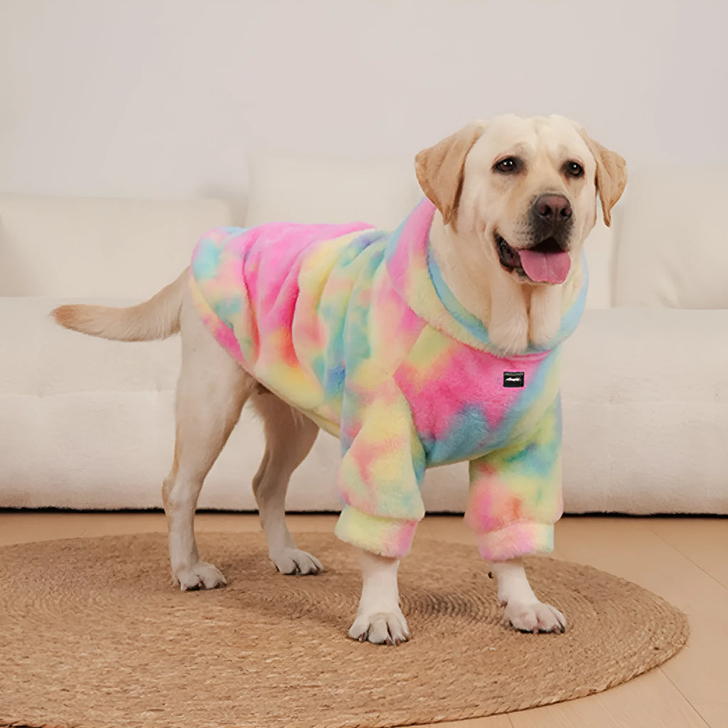 Multicolour tie-dyed cotton dog sweater with rainbow pattern and rabbit fur texture