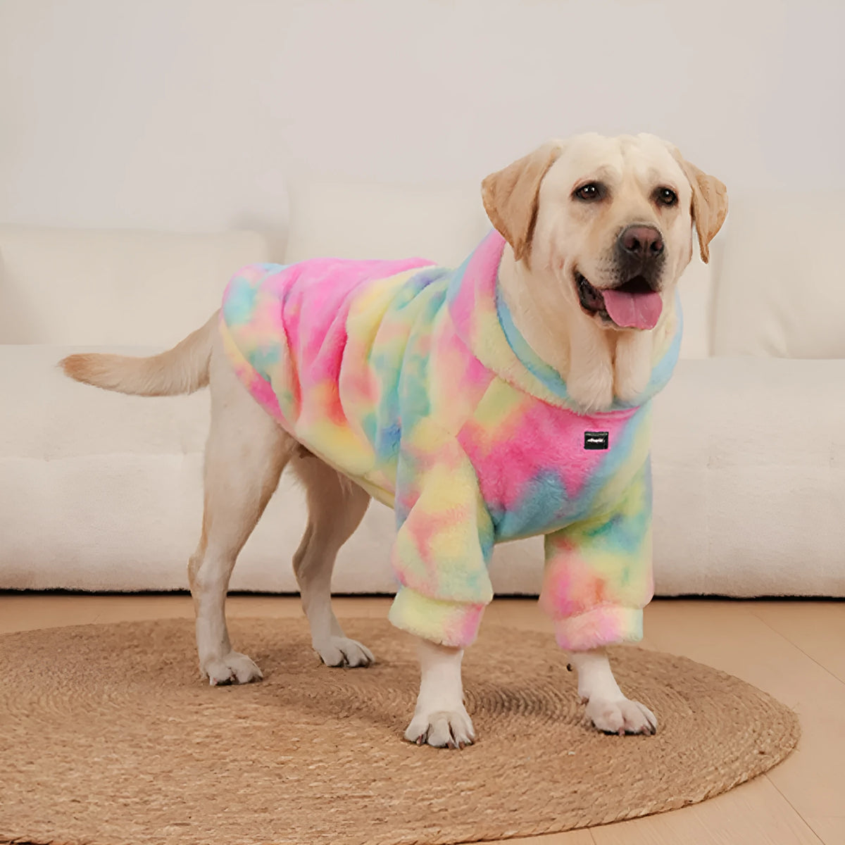 Multicolour tie-dyed cotton dog sweater with rainbow pattern and rabbit fur texture