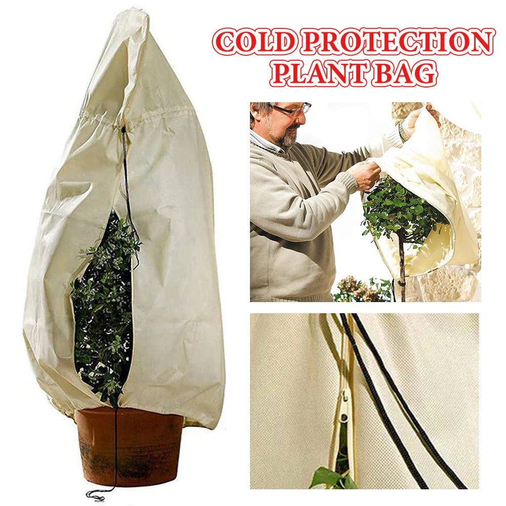 Adjustable plant cover in beige color, designed to protect plants from cold weather and harsh winter conditions