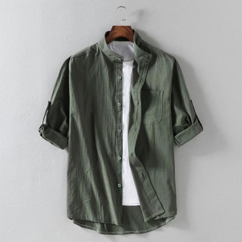 Men's linen stand collar loose shirt in white, black, and green with embossing detail