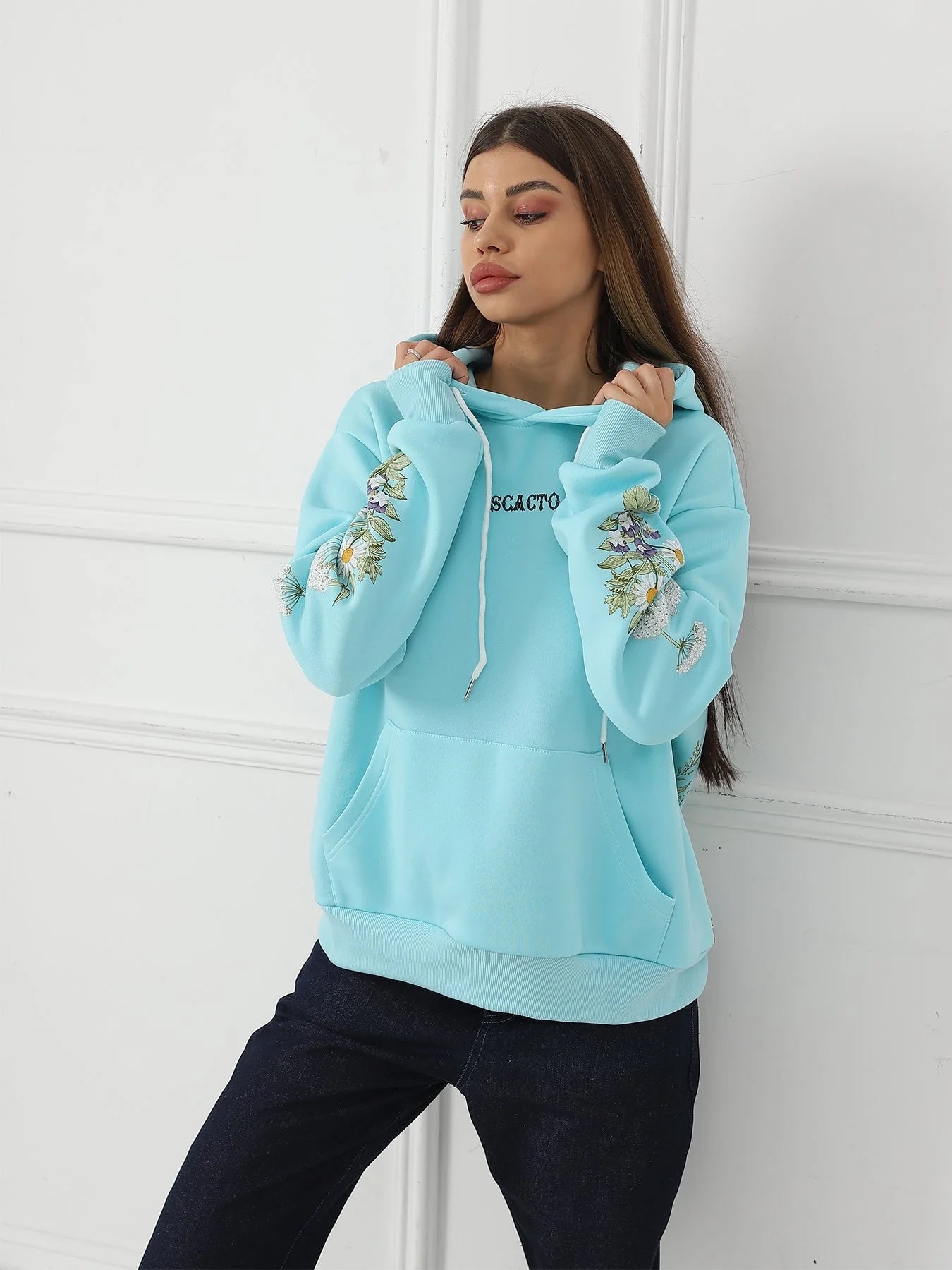Women's solid colour floral long sleeved sweatshirt in black, blue, apricot