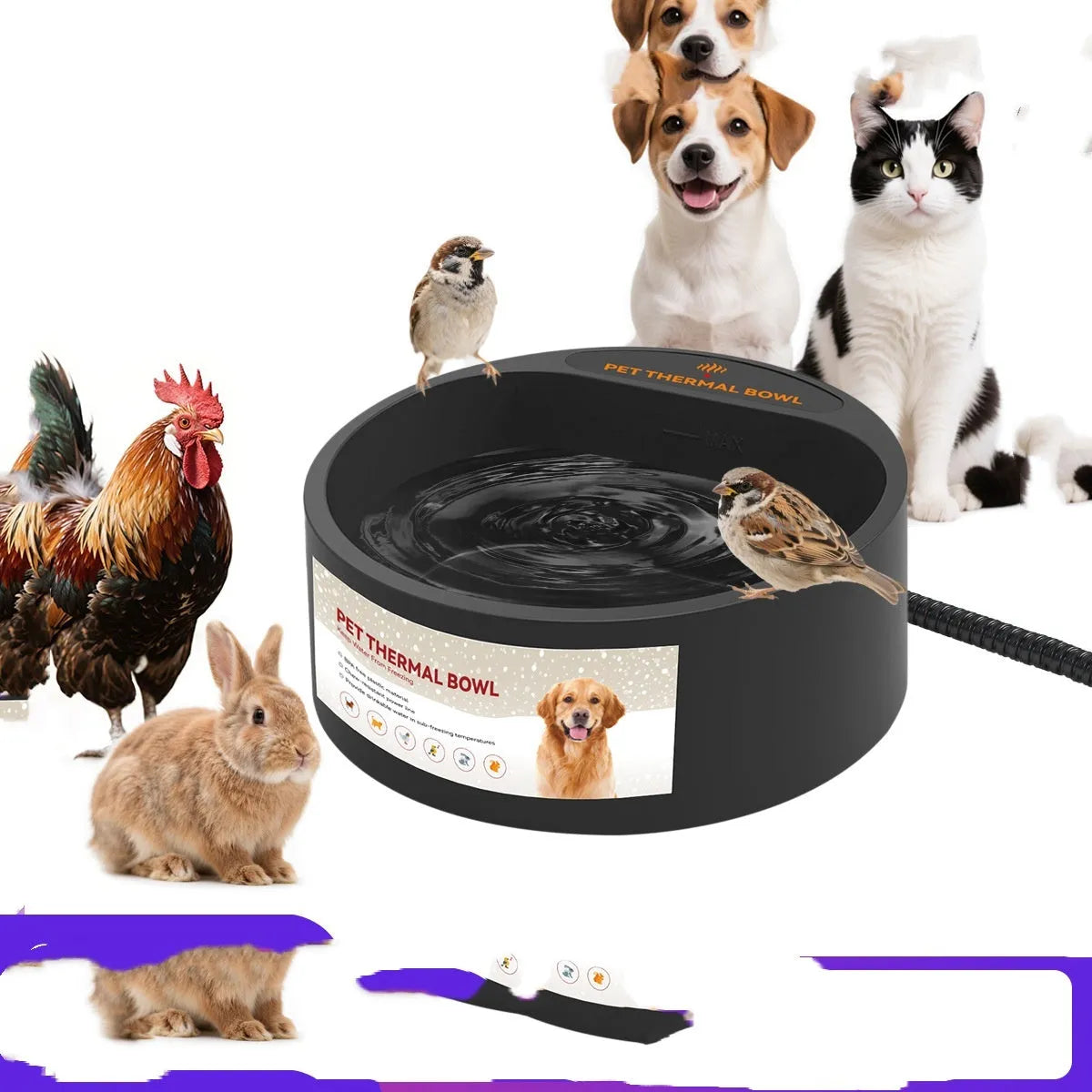 Black ABS plastic pet heating bowl for cats and dogs with constant temperature function