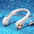 White bladeless neck fan hanging around person's neck showing flexible snake shape design
