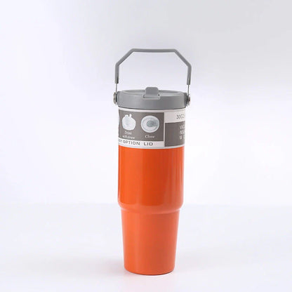 Insulated stainless steel travel tumbler with double-wall vacuum technology, sweat-proof powder coating, and BPA-free sliding lid for hot and cold drinks on the go.