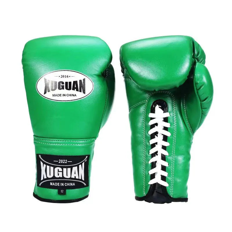 Pair of sandbag boxing gloves for Muay Thai training in red string colour, 10oz size