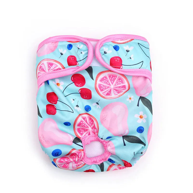Cloth dog menstrual panties with colourful cartoon prints, available in multiple sizes and colours for heat-cycle protection