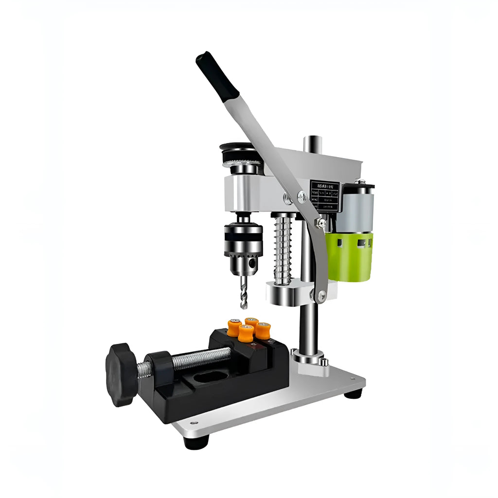High precision small bench drill with aluminum alloy base, copper wire motor, seven gears adjustment, and stainless steel chuck on workbench.