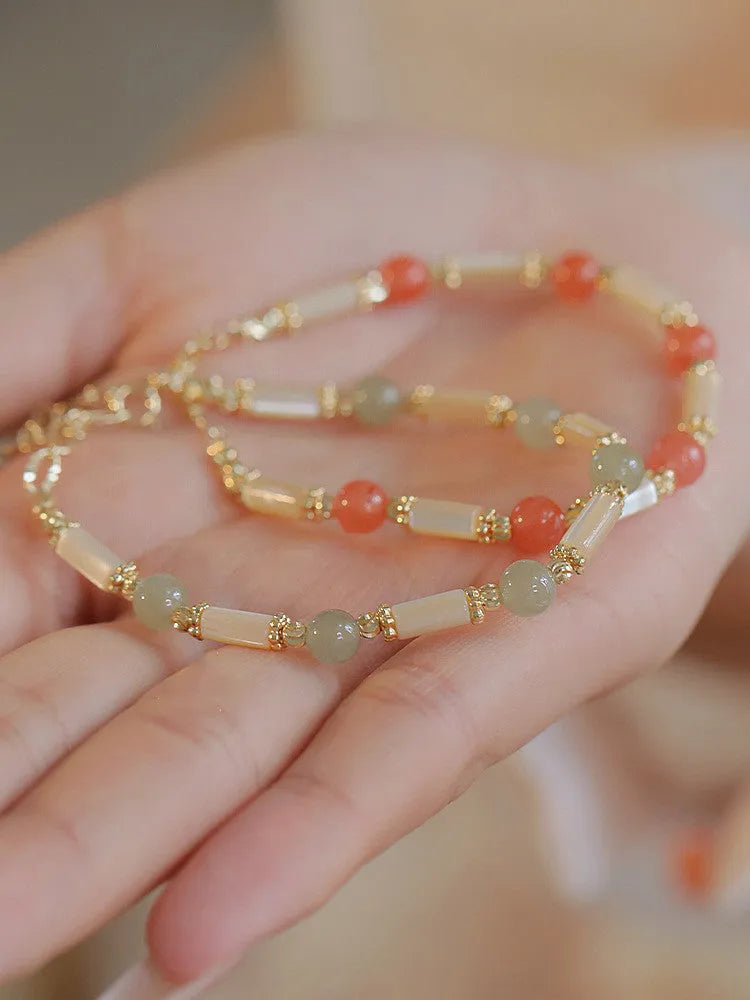 Women's bamboo joint bracelet with 6mm Hetian jade beads in jade or South Red colours