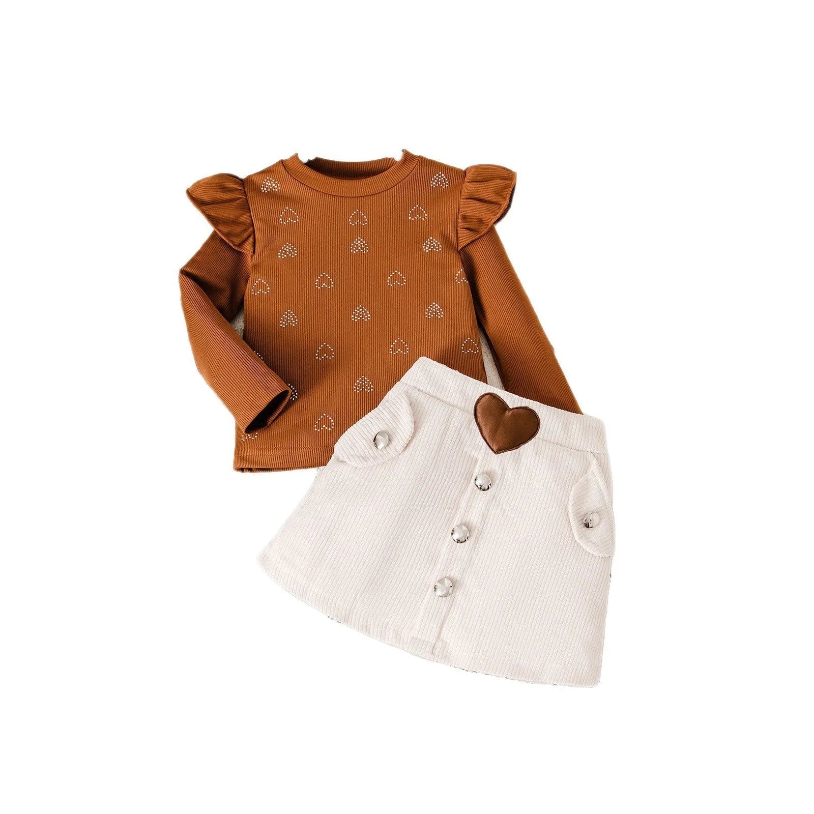 Brown cotton long-sleeve printed striped dress set with short skirt for girls 90-130cm