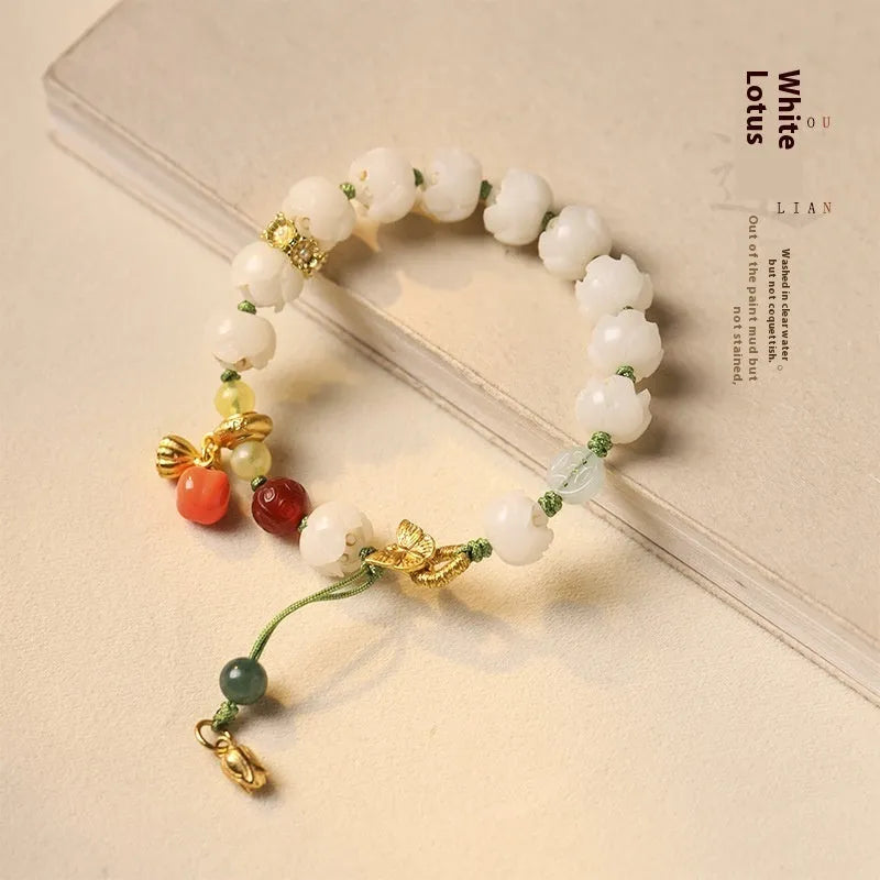 White jade bodhi bracelet with hand-woven lotus and pumpkin beads on open rope