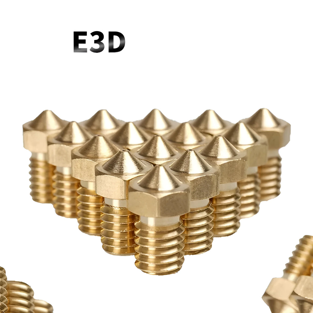 E3D style brass 3D printer nozzle with M6 thread showing multiple aperture size options