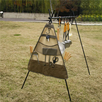 Camping tableware storage bag with 44x38cm dimensions and hanging feature for outdoor utensil organisation