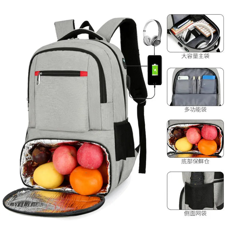 Light grey insulated Oxford cloth backpack with curved shoulder straps on a neutral background.