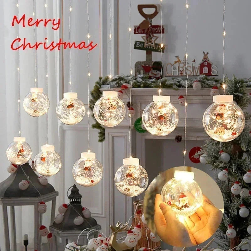 10PCS LED Christmas curtain lamp set with fairy, snowman, and Christmas tree designs