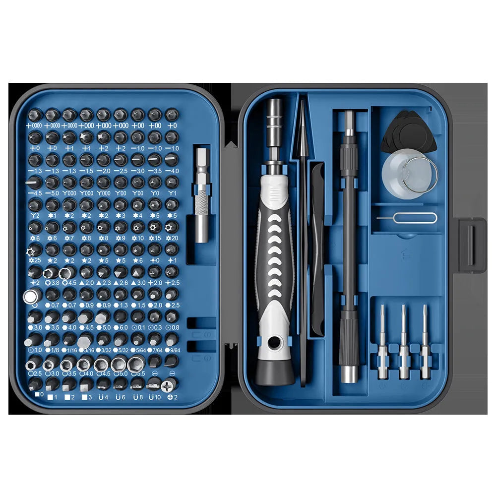 130-in-1 precision screwdriver tool set in orange and blue compact storage case with CRV steel bits and PPC handle