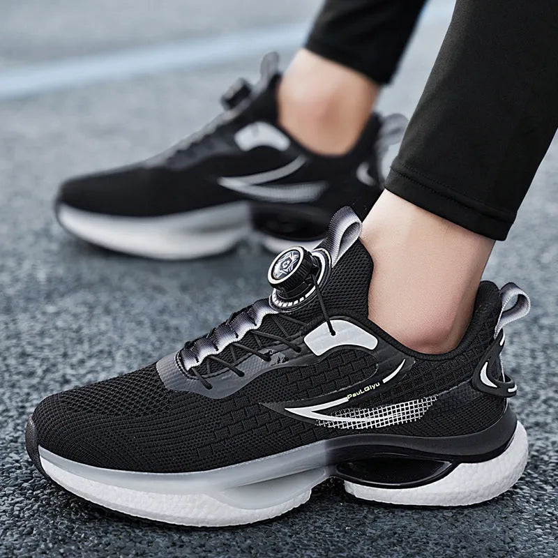 Men's white Fly-knit mesh running shoes with a rotating buckle fastener and TPU sole.