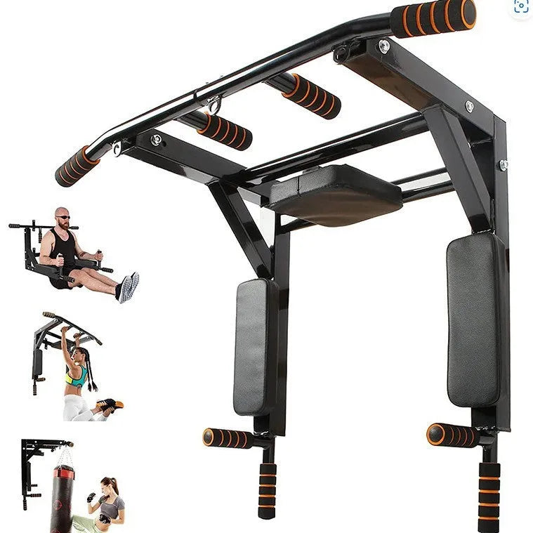 Black wall-mounted sandbag rack with parallel pull-up bars for indoor and outdoor fitness training