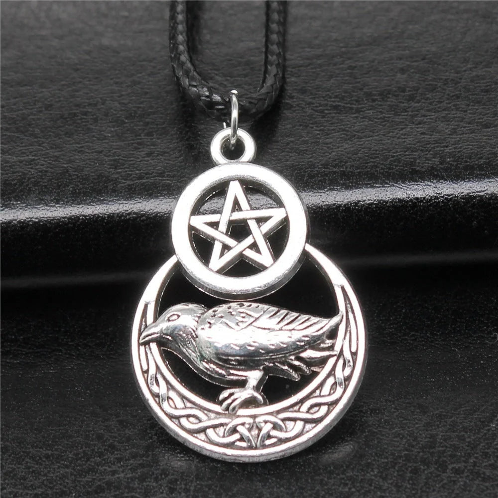 Men's vintage silver pentagram crow pendant necklace with adjustable chain