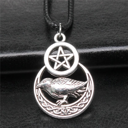 Men's vintage silver pentagram crow pendant necklace with adjustable chain