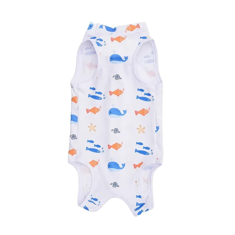 Colourful printed cat sterilisation suit with velcro closures for post-operation recovery.