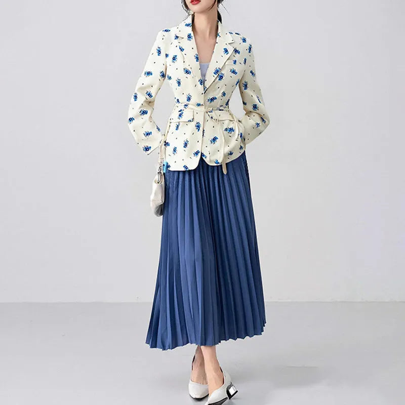 Women's collar lace-up waist-tight suit jacket in polyester, showing front tie detail on a model.