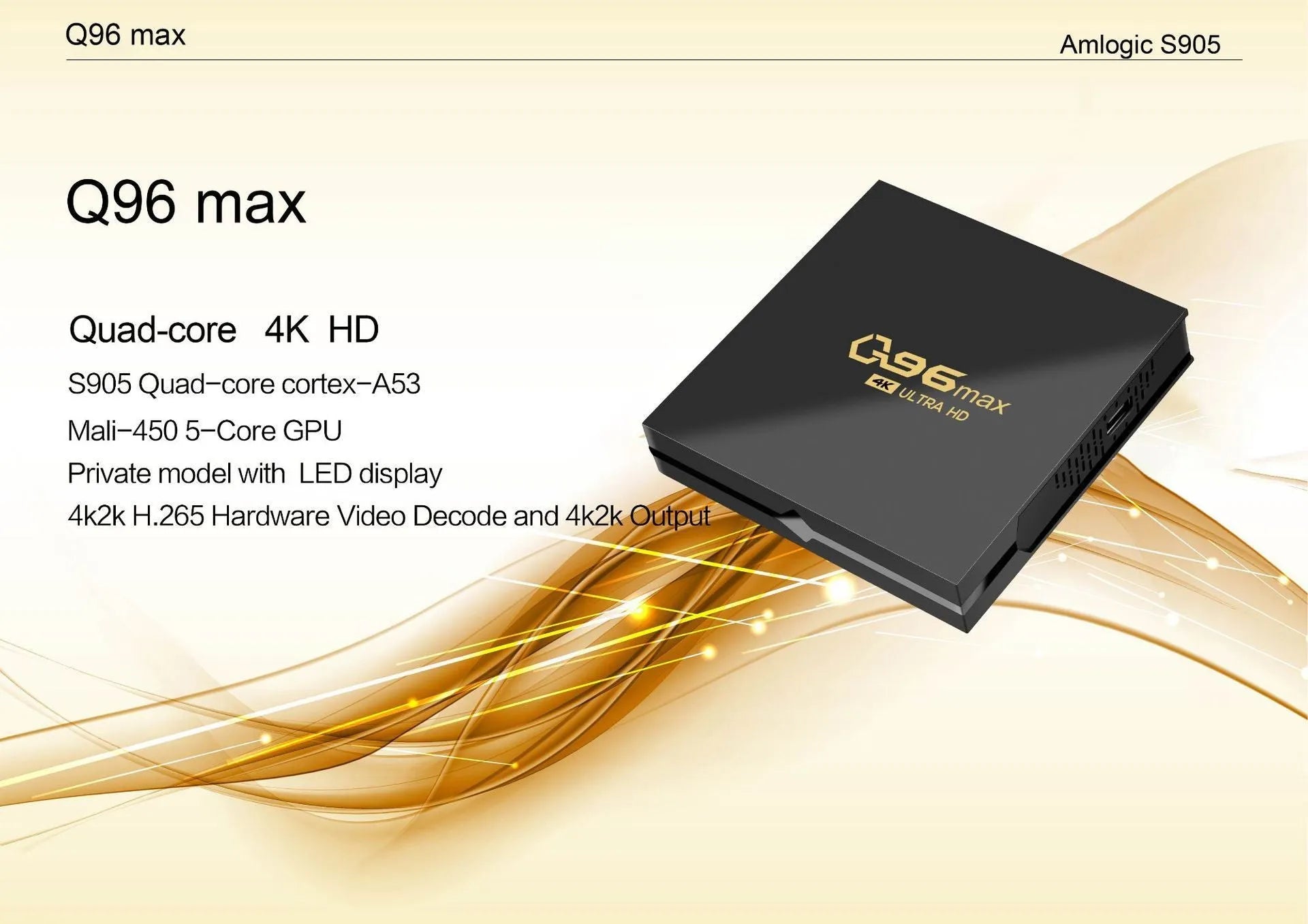 Q96 MAX S905 Android 4K TV Box streaming media player with remote control and accessories on a wooden table.