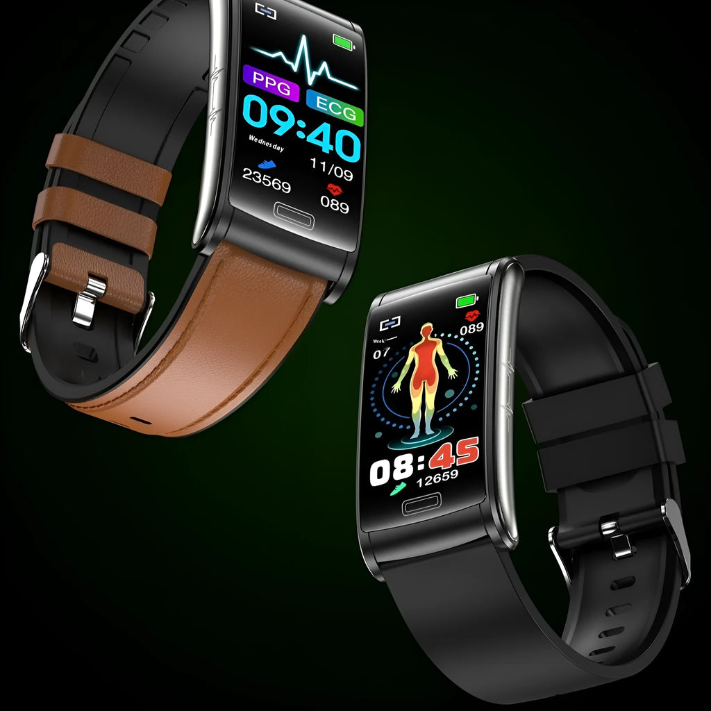E600 non-invasive blood sugar testing smart watch with TFT screen, black band, showing health data on display