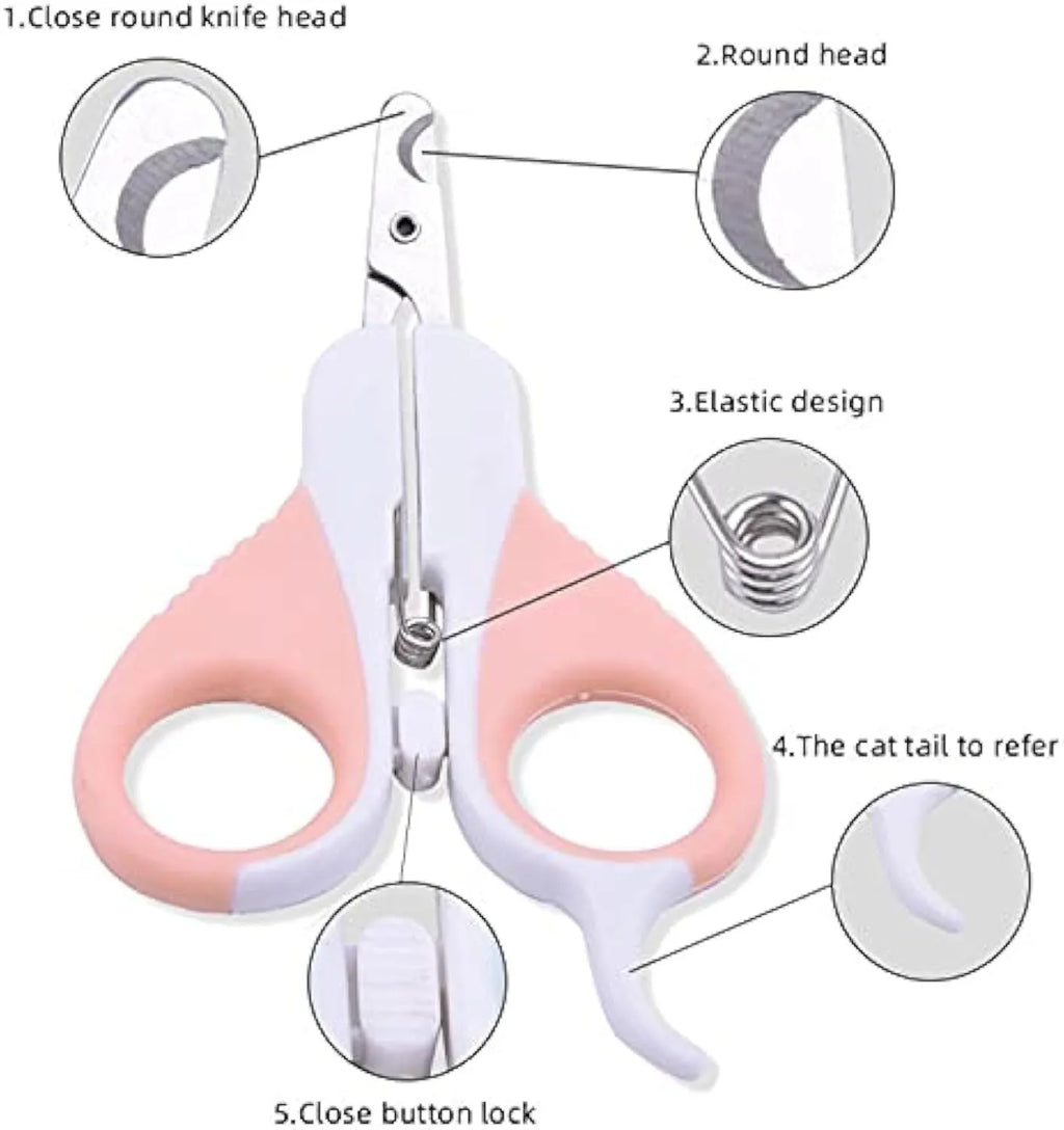 Grey and pink angled cat nail clippers with safety guard and non-slip rubber handles.