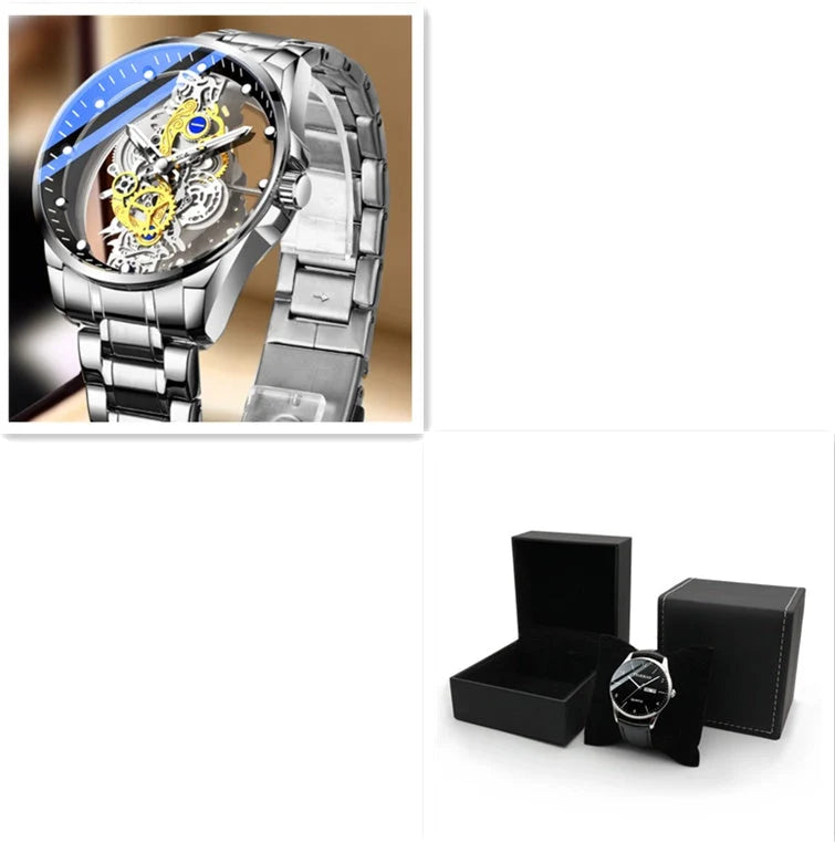 Men's skeleton automatic quartz watch with gold finish and mineral glass
