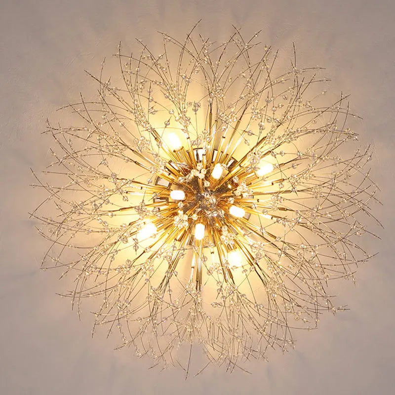 Wrought iron ceiling lamp with chrome finish and round crystal shade 40cm diameter LED bedroom light